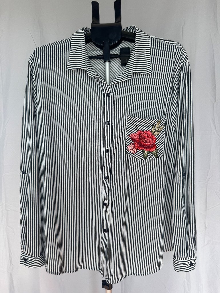 Always Indigo 2x- Black And White Striped Button Up With Rose Patch Pocket
